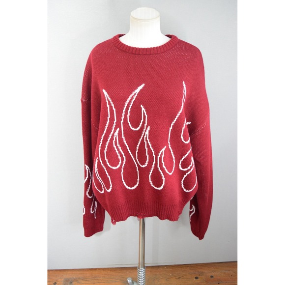 PacSun Other - PacSun Flame Sweater Small Burgundy Distressed Hem Graphic Knit Mens Streetwear